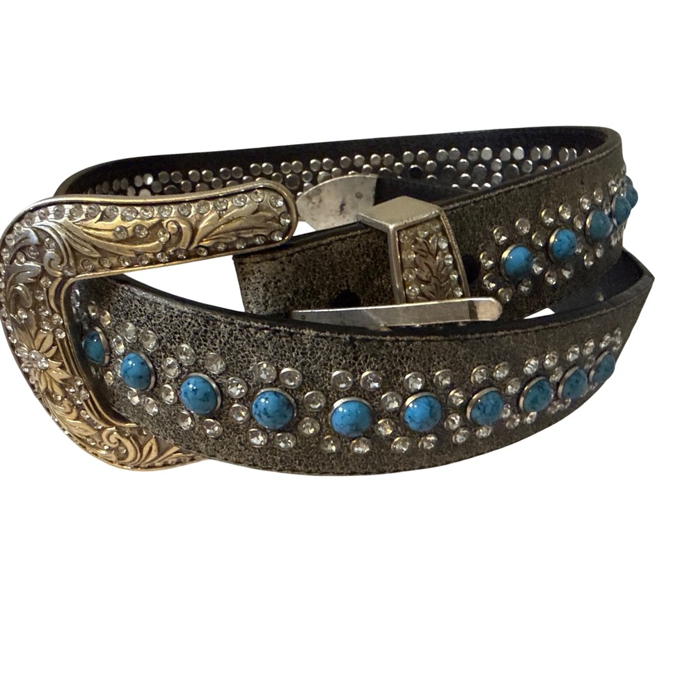 Nocona Genuine Leather Turquoise Rhinestone Western Cowgirl Belt 32-36"